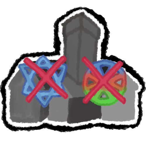 a crematorium from auschwitz in shades of grey. there is a blue magen david with a red x over it on the left and a red, green, and blue romani wheel with a red x over it. 